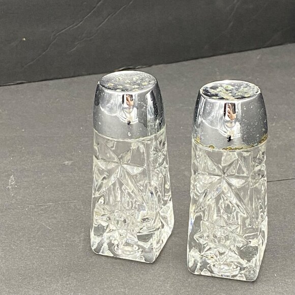 Vintage Crystal Salt‎ & Pepper Shakers With Chrome Tops Starburst Pattern MCM - Picture 14 of 14
